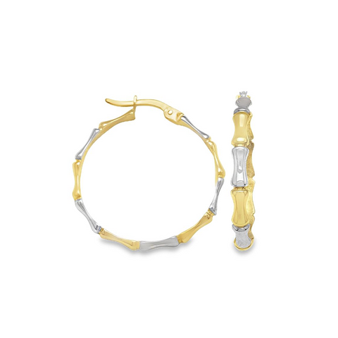 14K Two Tone Gold Bamboo Design Hoop Earrings