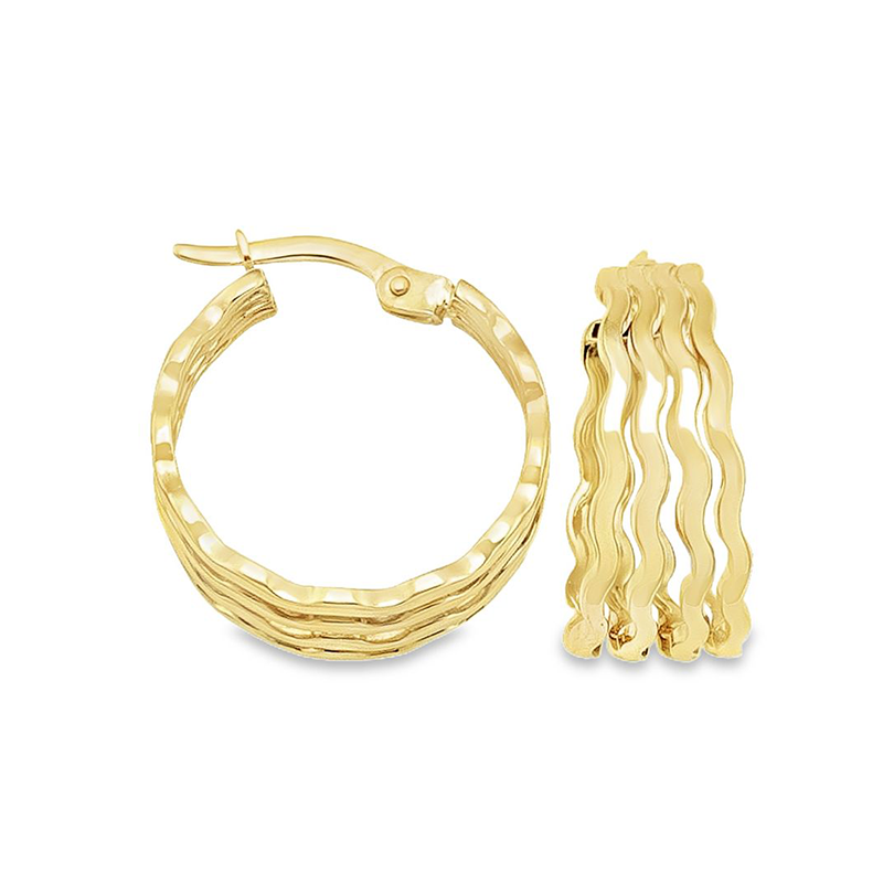 14K Yellow Gold Wave Fancy Hoop Earrings