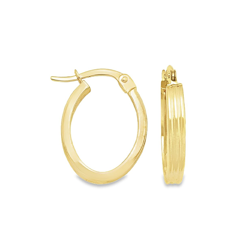 14K Yellow Gold Patterned Oval Hoop Earrings
