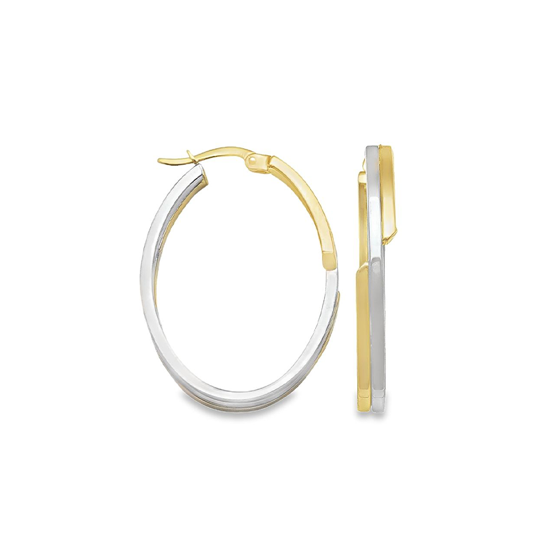 14K Two Tone Gold Oval Fancy Hoop Earrings
