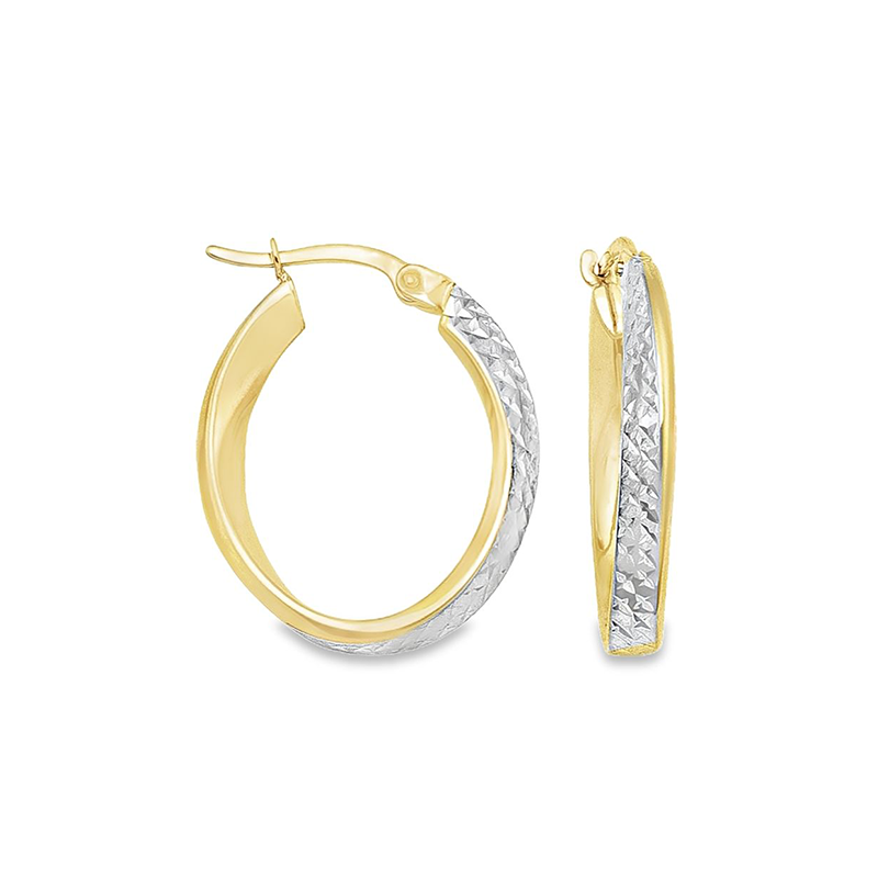 14K Yellow and White Gold Diamond-Cut Oval Hoop Earrings