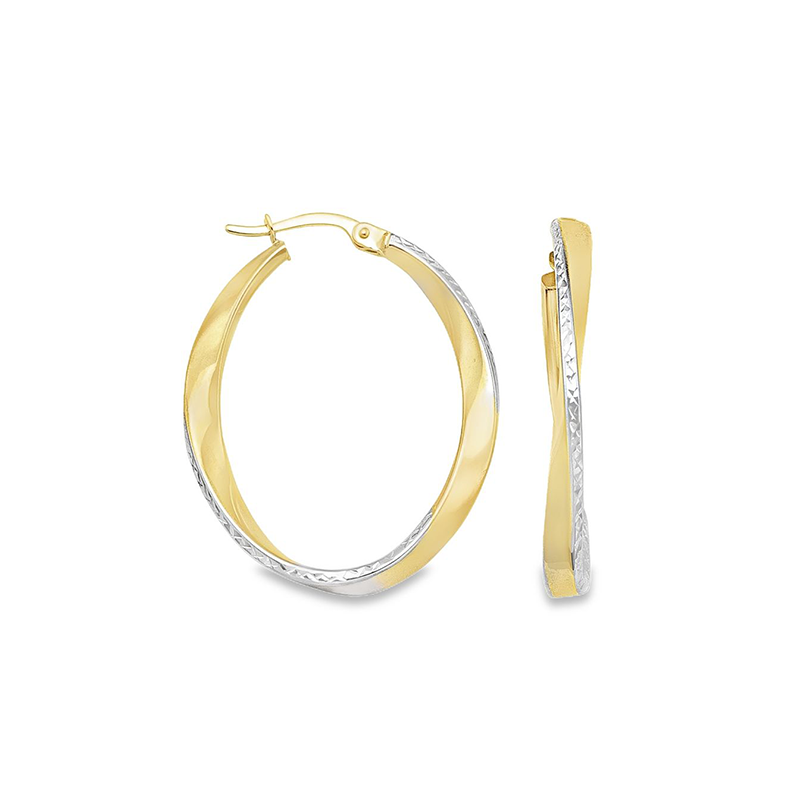 14K Two-Tone Gold Diamond-Cut Oval Hoop Earrings