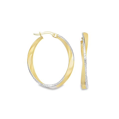 14K Two-Tone Gold Diamond-Cut Oval Hoop Earrings