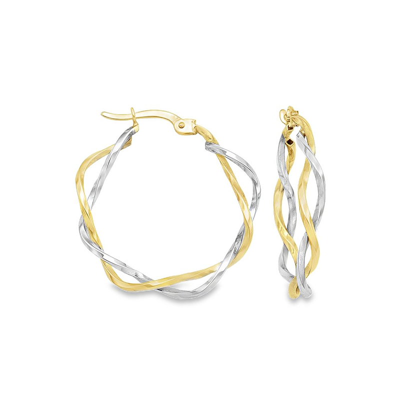 14K Yellow and White Gold Fancy Twist Hoop Earrings