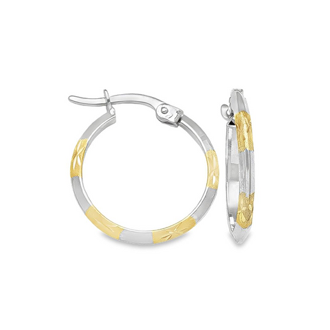 10K Two Tone Gold Patterned Knife Edge Hoop Earrings
