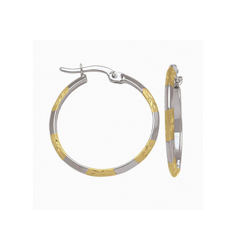 10K Yellow and White Gold Patterned Knife Edge Hoop Earrings