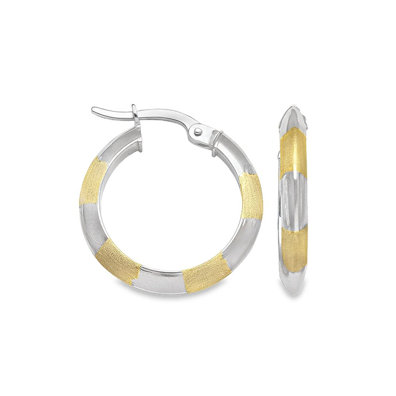 10K Yellow and White Gold Patterned Knife Edge Hoop Earrings