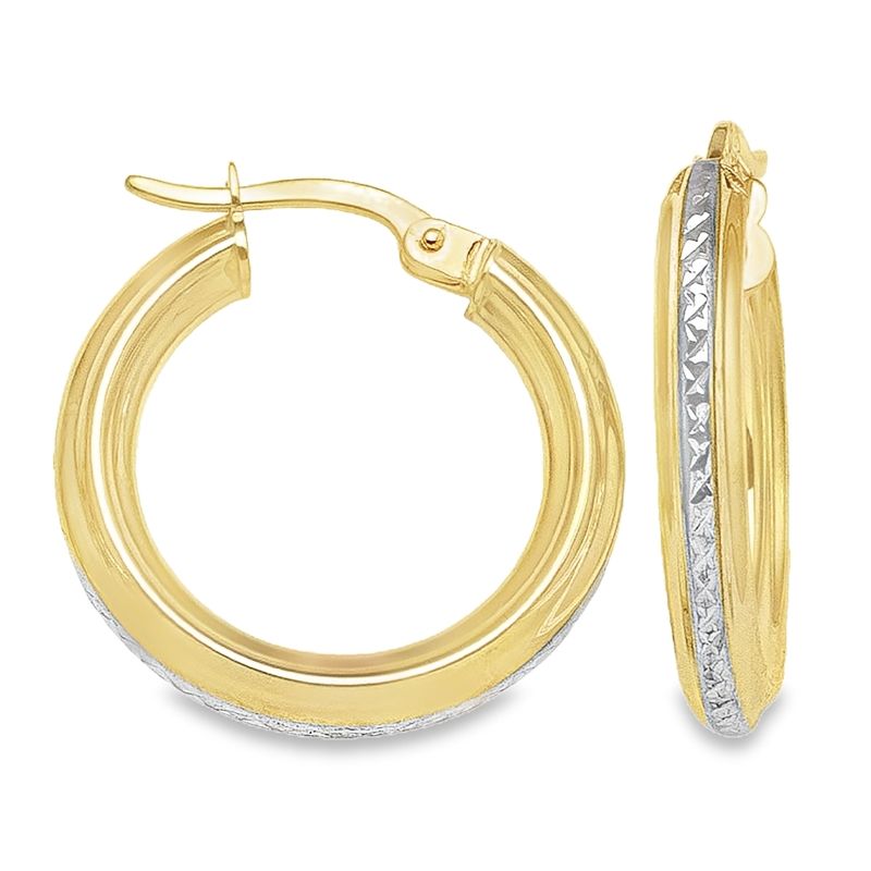 10K Yellow and White Gold Patterned Hoop Earrings