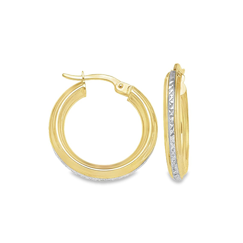 10K Yellow and White Gold Patterned Hoop Earrings