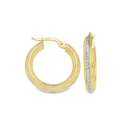 10K Yellow and White Gold Patterned Hoop Earrings