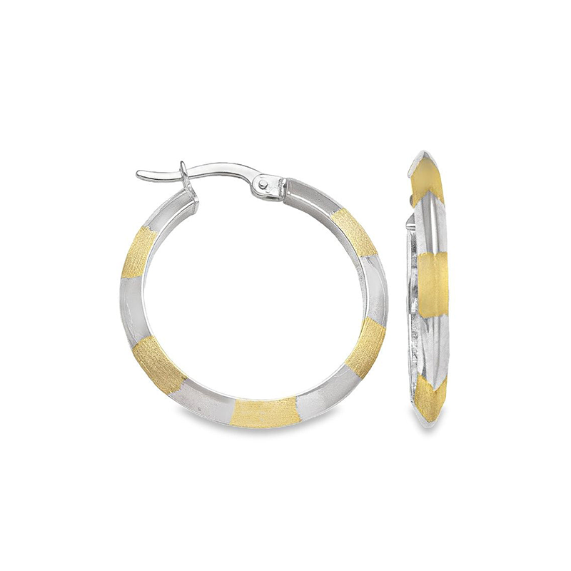 10K Two Tone Patterned Knife Edge Hoop Earrings