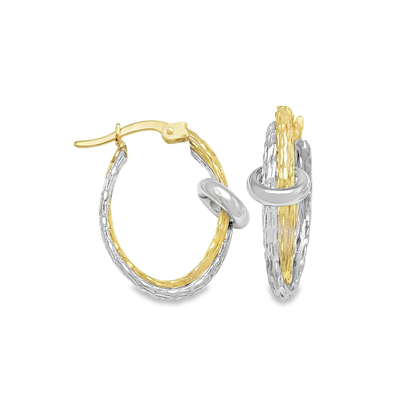 10K Yellow and White Solid Gold Fancy Hoop Earrings