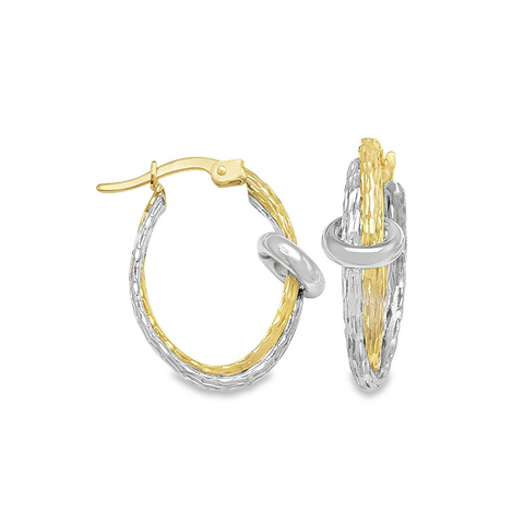 10K Yellow and White Solid Gold Fancy Hoop Earrings