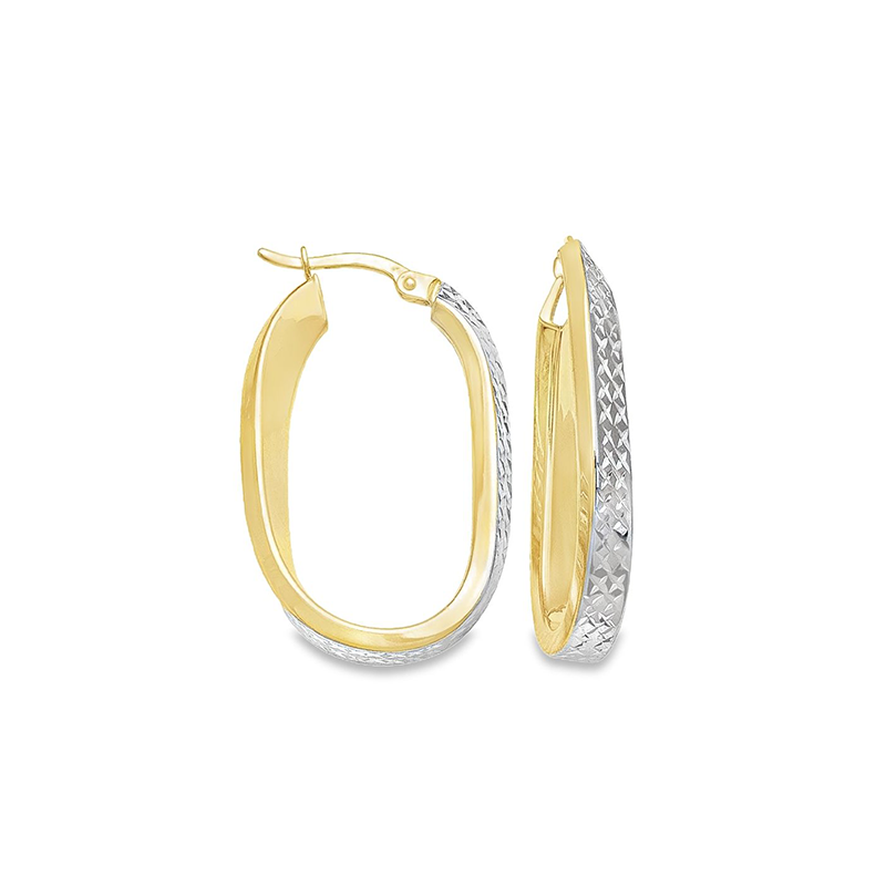 10K Two-Tone Textured Gold Oval Fancy Hoop Earrings