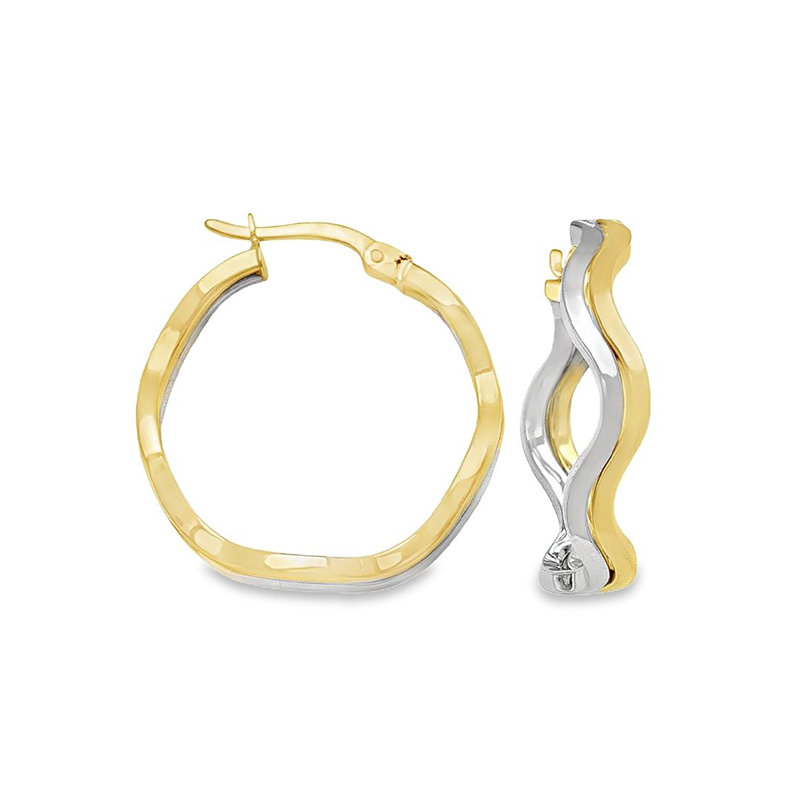 10K Two-Tone Gold Wave Design Hoop Earrings
