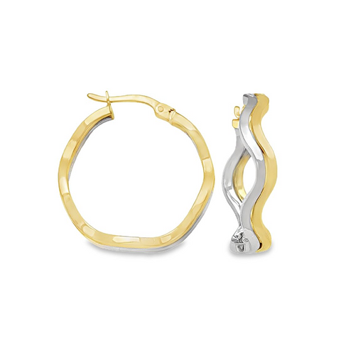 10K Two-Tone Gold Wave Design Hoop Earrings