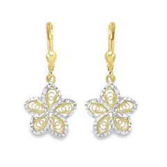 10K Two-Tone Gold Diamond-Cut Petal Flower Drop Earrings