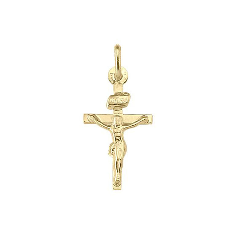 10k, 14k Yellow Gold Flat Religious Classic Italian Cross with Crucifix