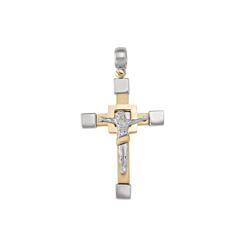 14k White and Yellow Gold Fancy Religious Italian Cross With Crucifix