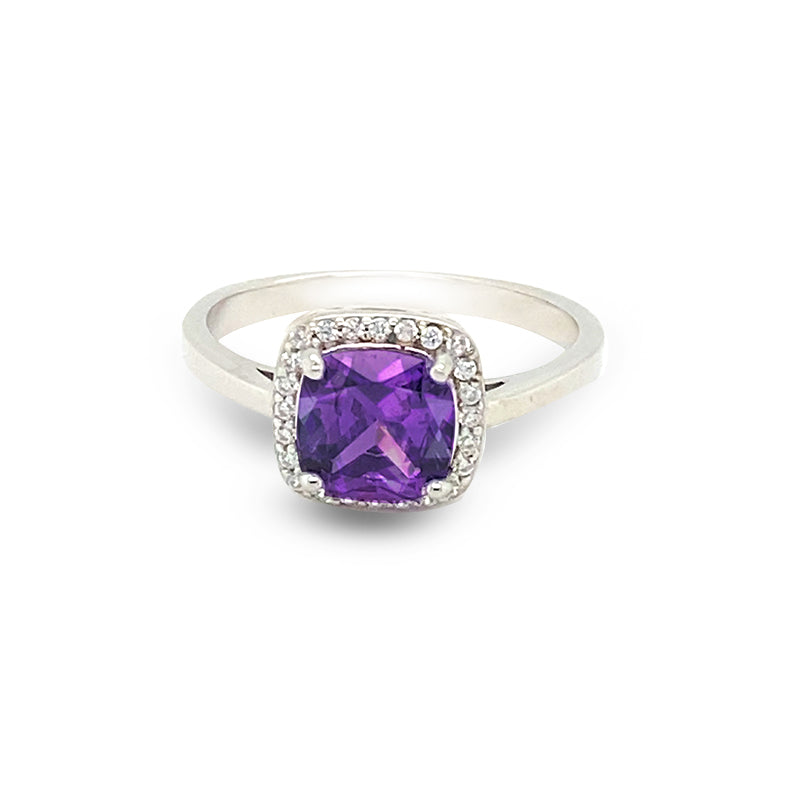 February Birthstone Cushion Cut Purple CZ Ring in Sterling Silver