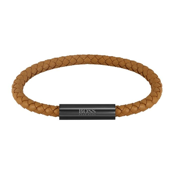 Hugo Boss Men&#39;s Yellow Vachetta Braided Leather Bracelet With Black IP Magne