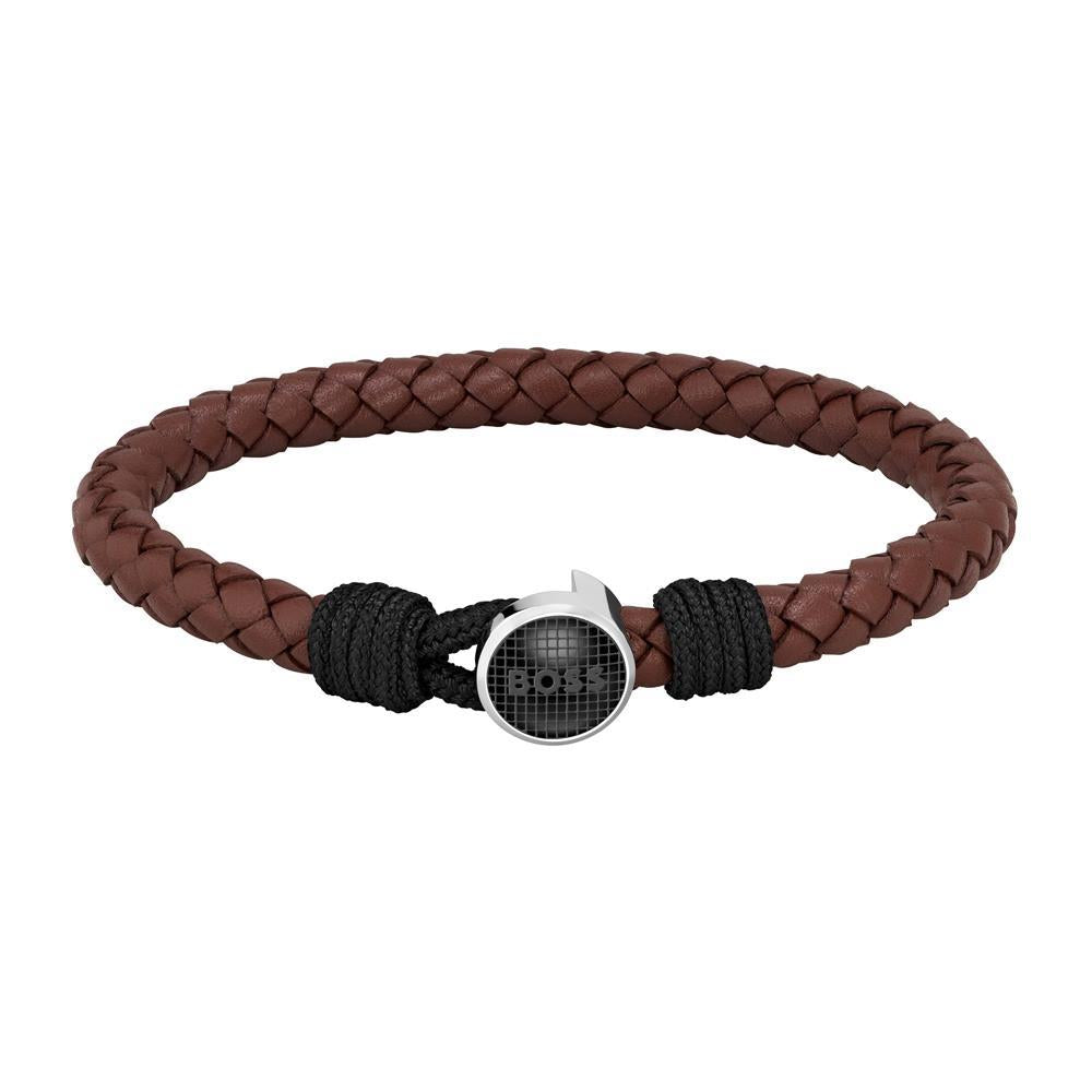 Hugo Boss Jewellery Men&#39;s Braided Brown Leather Bracelet 1580467M 