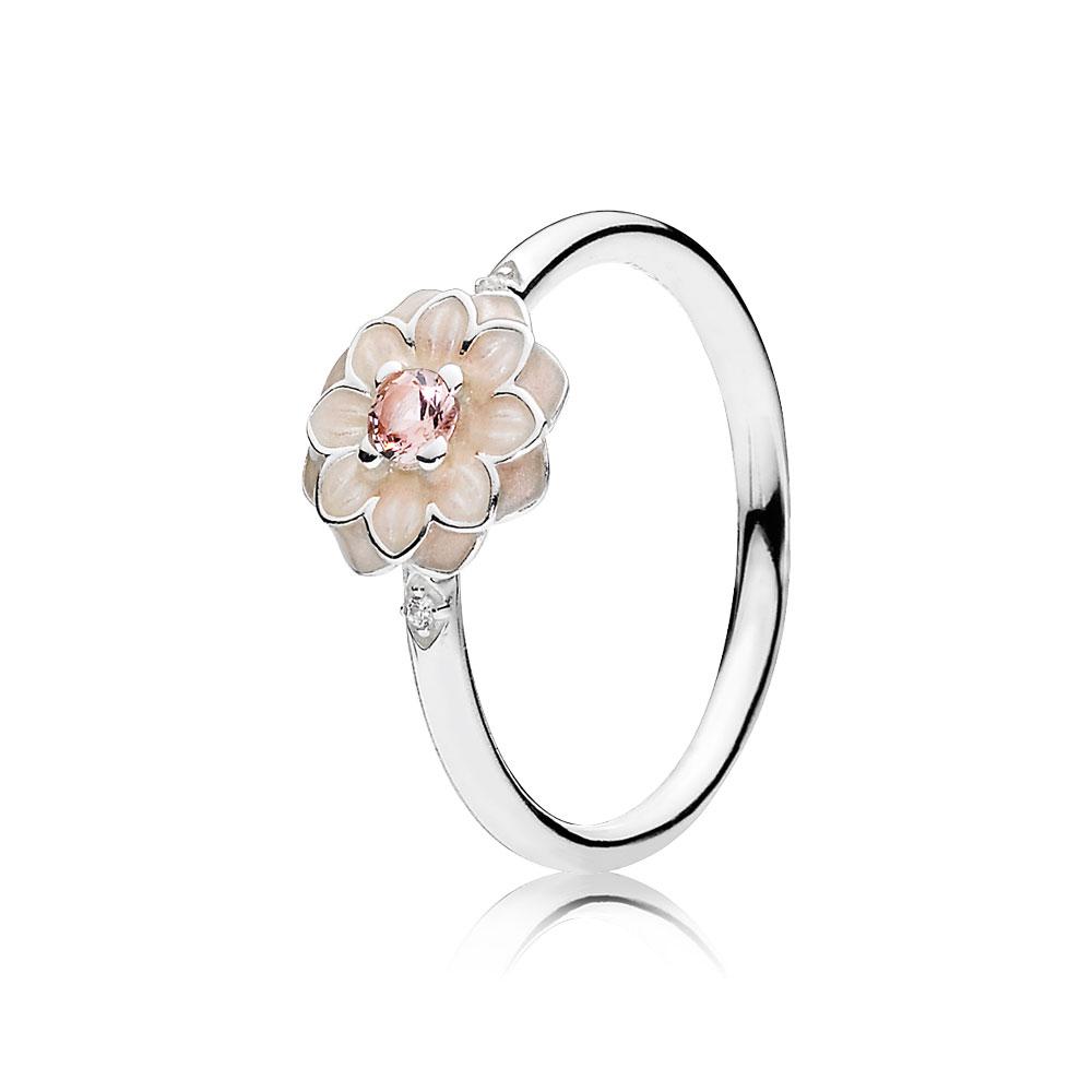 Pandora Ring Blooming Dahlia With Cream Enamel And Clear