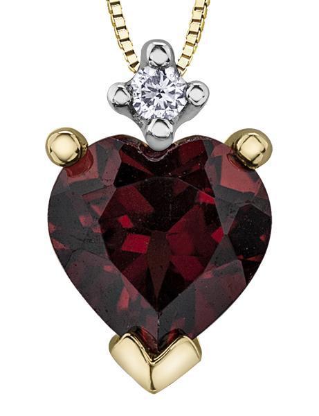 10K Yellow Gold Garnet Heart and Diamond  Pendant