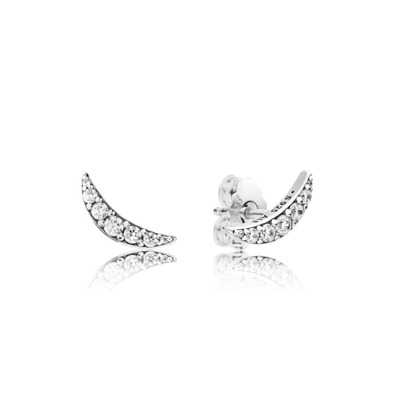 Pandora Moon Silver Stud Earrings With Clear Cubic Zirconia