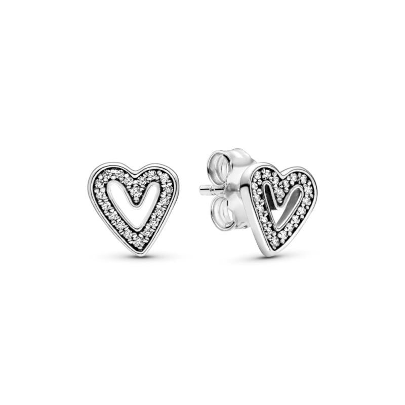 Pandora Heart Sterling Silver Stud Earrings With Clear Cubic Zirconia