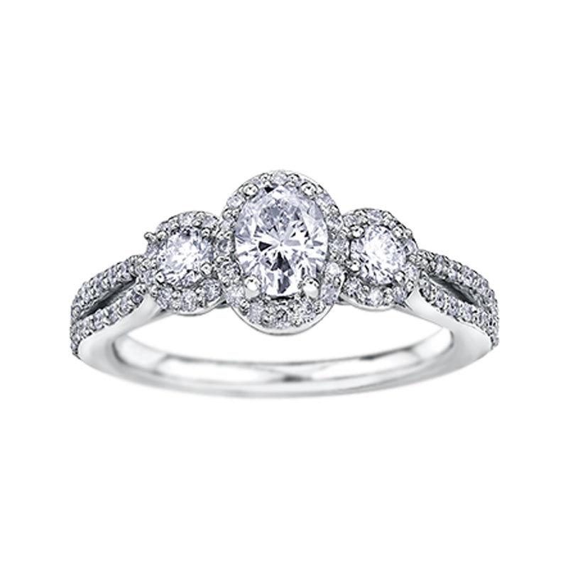 14K White Gold 1.00TDW Oval Diamond Past Present and Future Engagement Ring