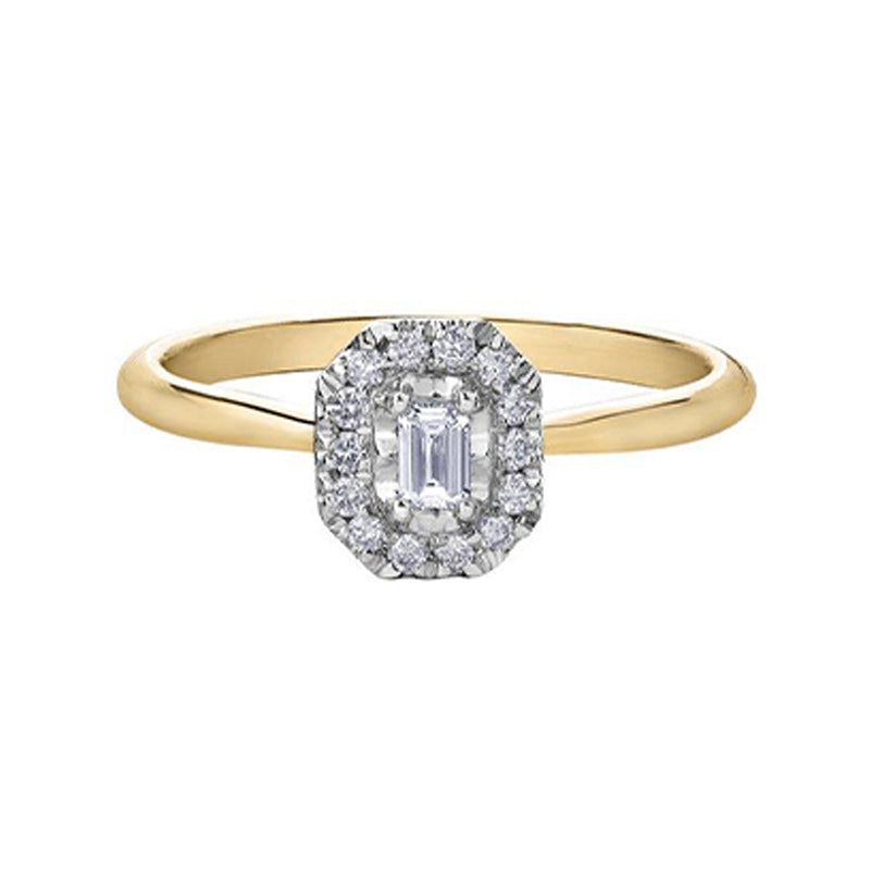 10K Yellow and White Gold 0.20 Carat Emerald Cut Diamond Halo Ring