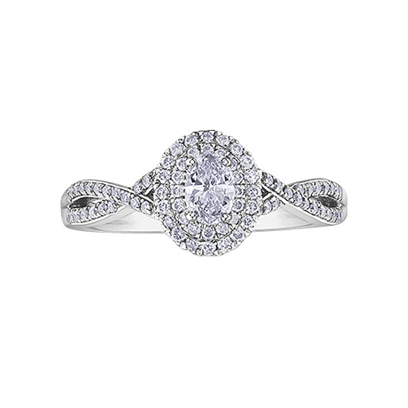 10K White Gold 0.50 Carat Oval Halo Diamond Ring with Twisted Band