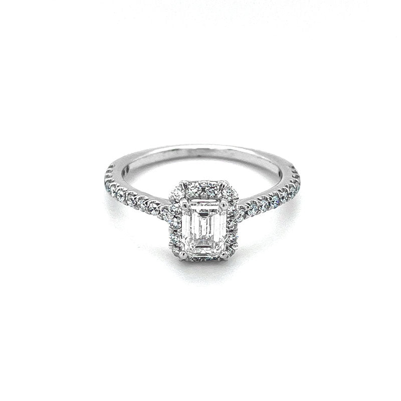 14K White Gold 1.04TDW Emerald Cut Lab Grown Diamond Solitaire Ring with Halo and Sides