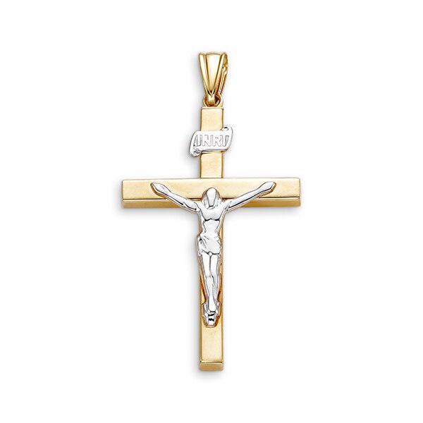 10k Yellow and White Gold Hollow Cross Pendant With Crucifix 