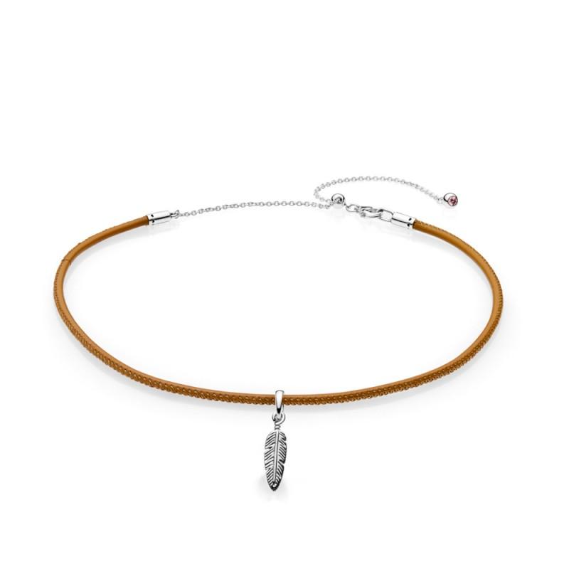 Pandora Golden Tan Leather feather Choker Necklace