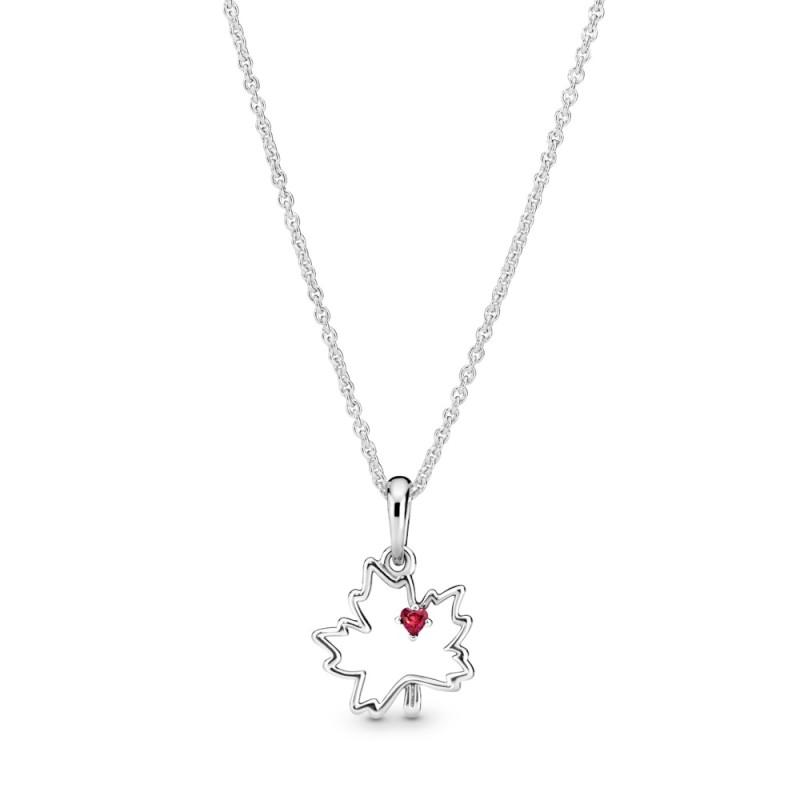 Pandora Maple Leaf Silver Pendant With Red Cubic Zirconia 45 Cm