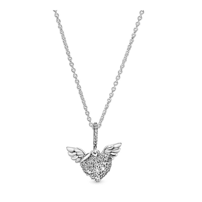 Pandora Heart And Wings Sterling Silver Pendant With Clear Cubic Zirconia And Necklace 45 Cm