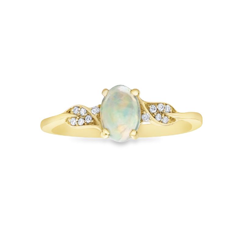 0.04TDW Diamond &amp; 7X5MM Opal Gemstons Ring in 10K Yellow Gold