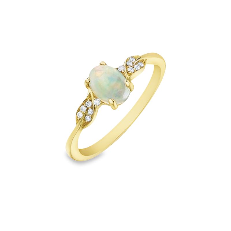 0.04TDW Diamond &amp; 7X5MM Opal Gemstons Ring in 10K Yellow Gold