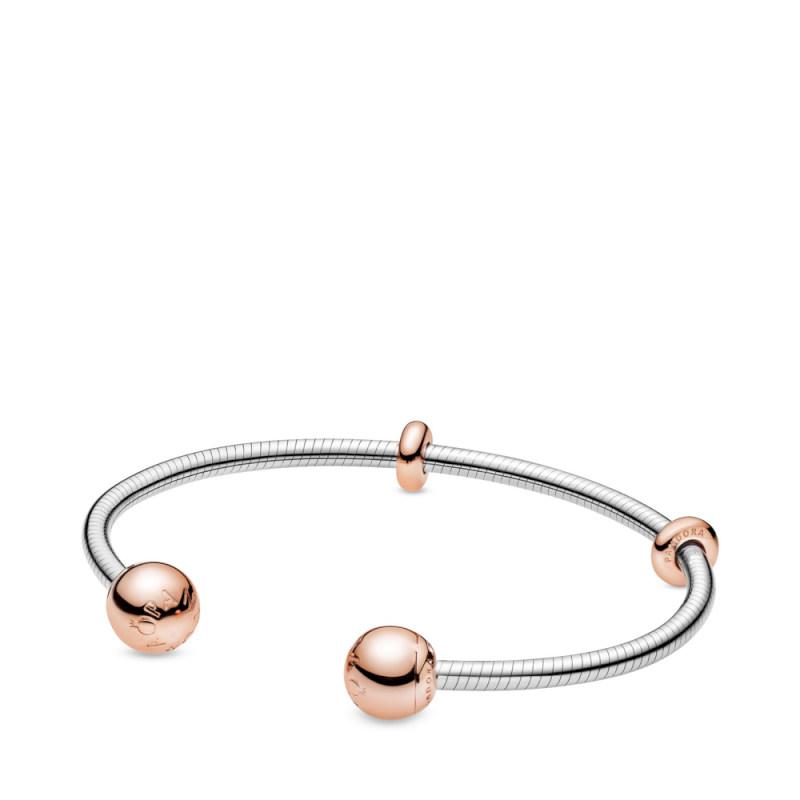 Pandora Sterling Silver Open Bangle With Pandora Rose