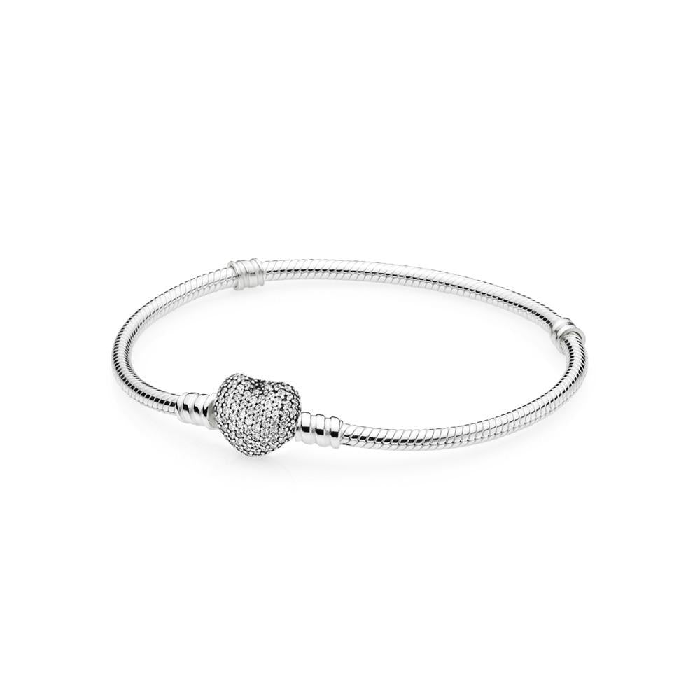 Pandora Silver Bracelet W/Heart Shaped-Clasp Pave Heart