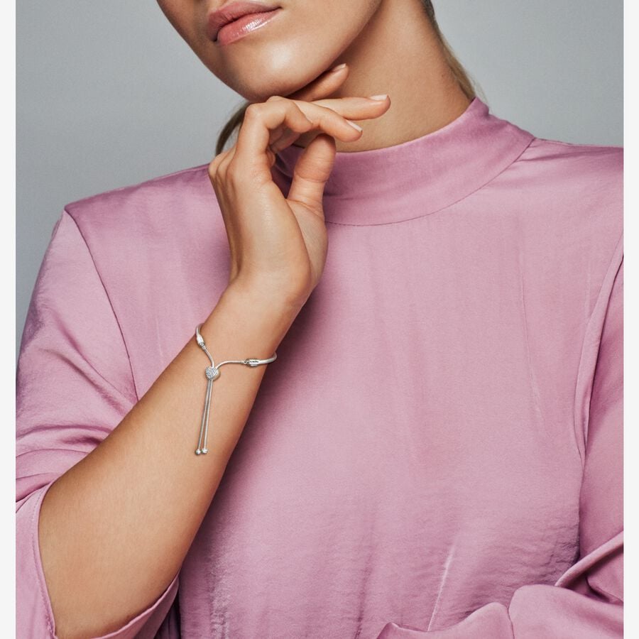 Pandora Moments Pave Heart Clasp Snake Chain Slider Bracelet