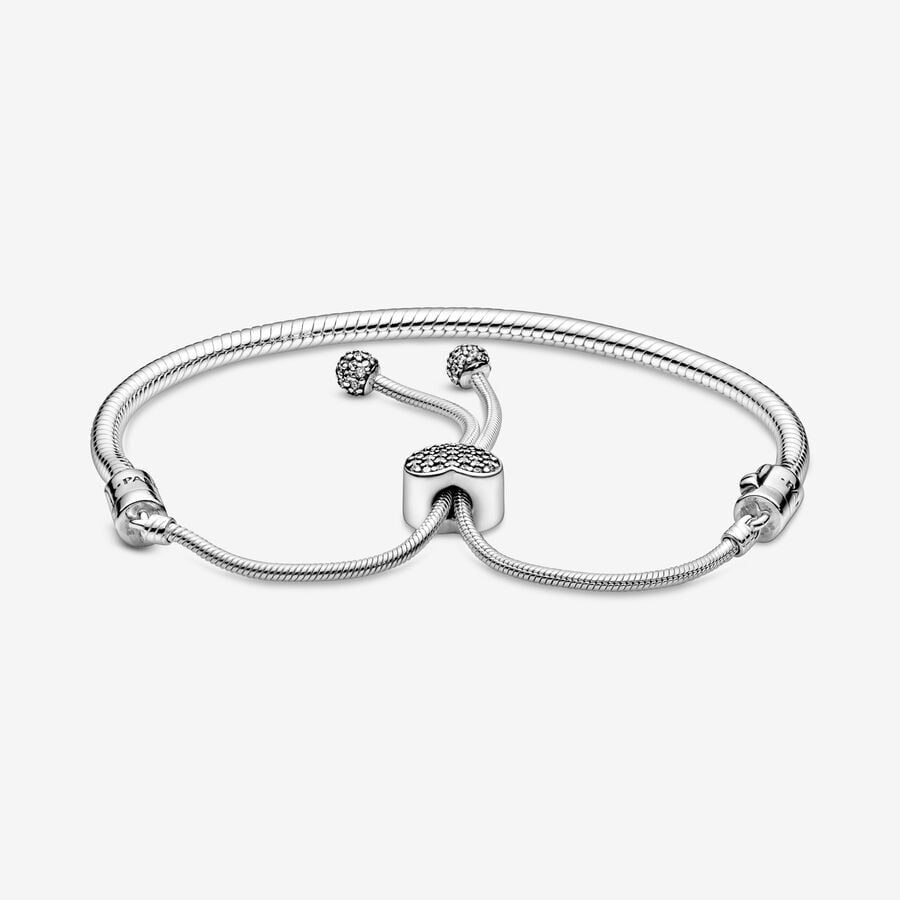 Pandora Moments Pave Heart Clasp Snake Chain Slider Bracelet