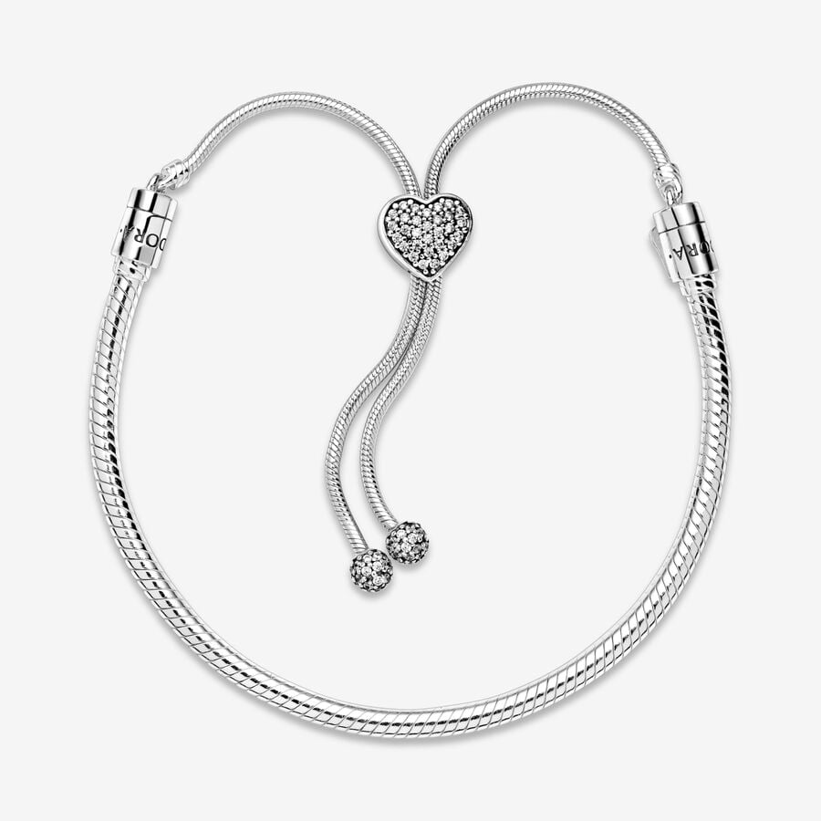 Pandora Moments Pave Heart Clasp Snake Chain Slider Bracelet