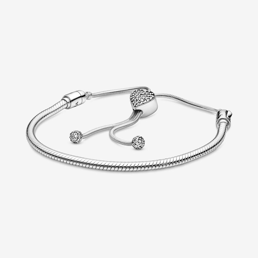 Pandora Moments Pave Heart Clasp Snake Chain Slider Bracelet