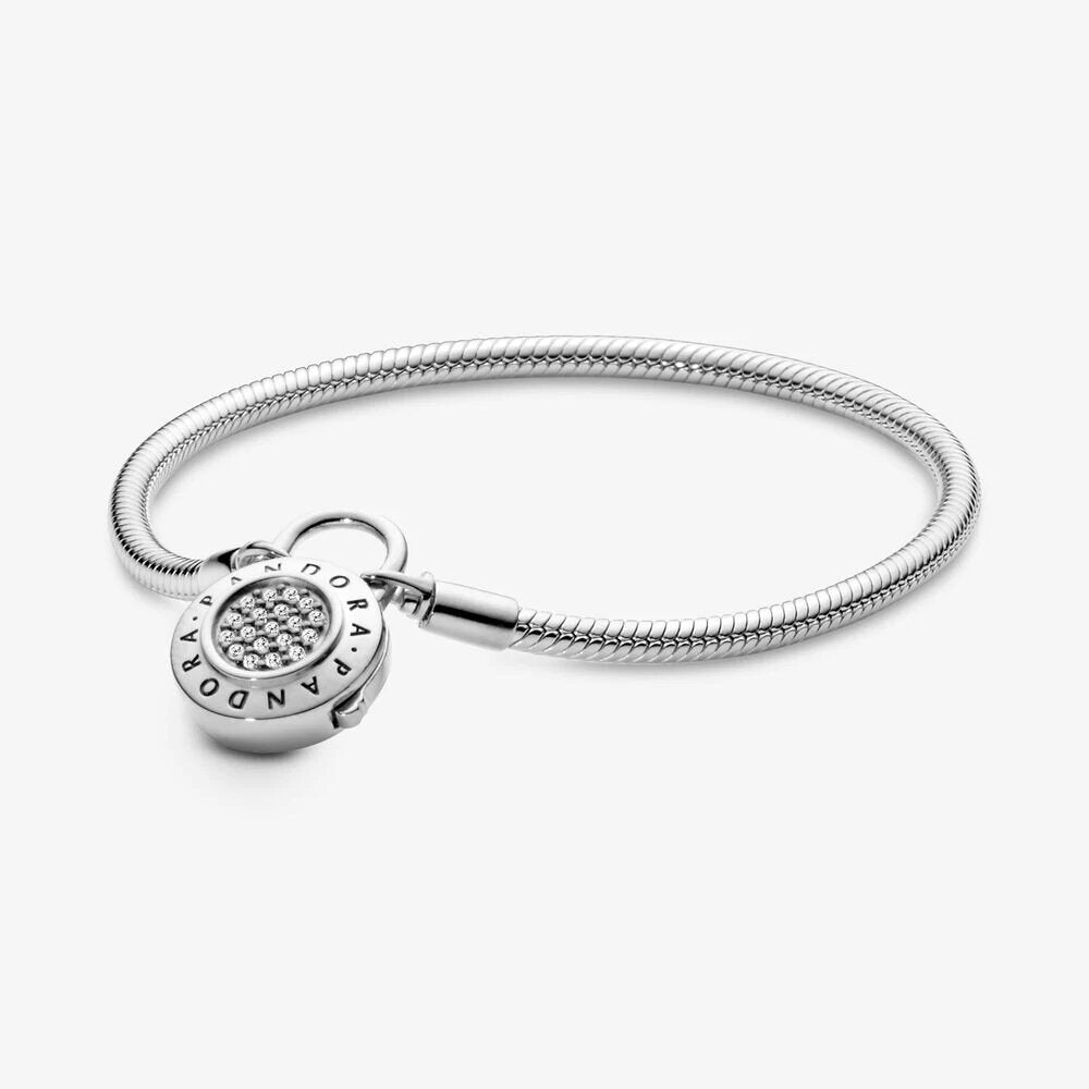 Pandora Moments Pave Padlock Clasp Snake Chain Bracelet