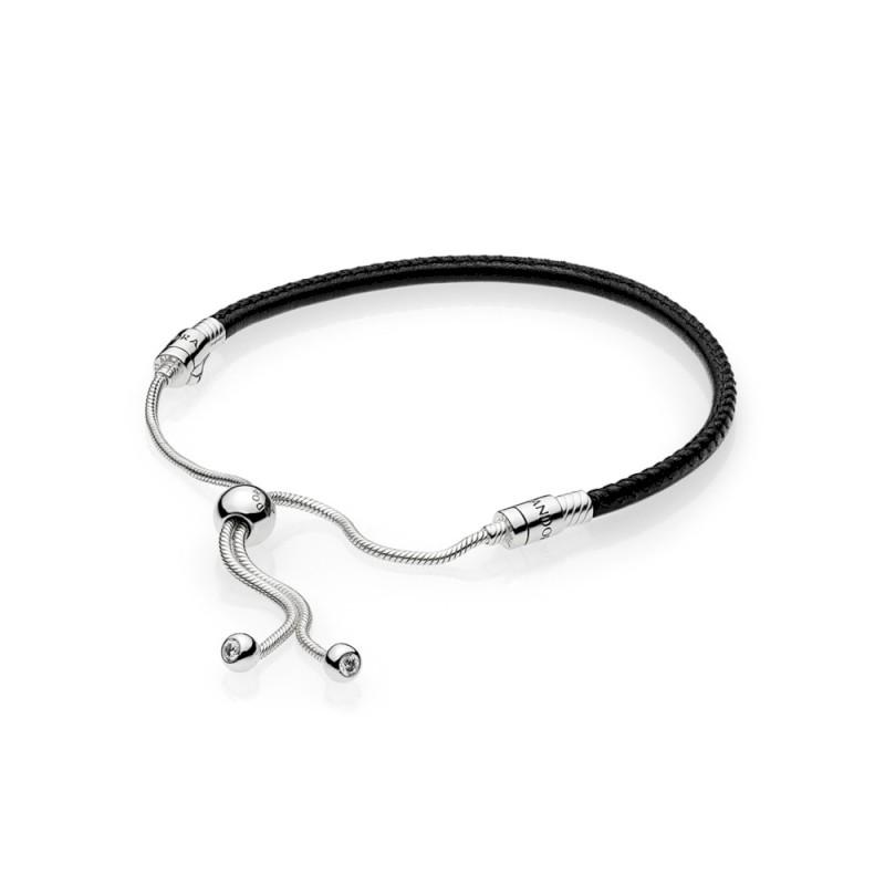 Pandora Silver Sliding Bracelet With Black Leather And Clear Cubic Zirconia