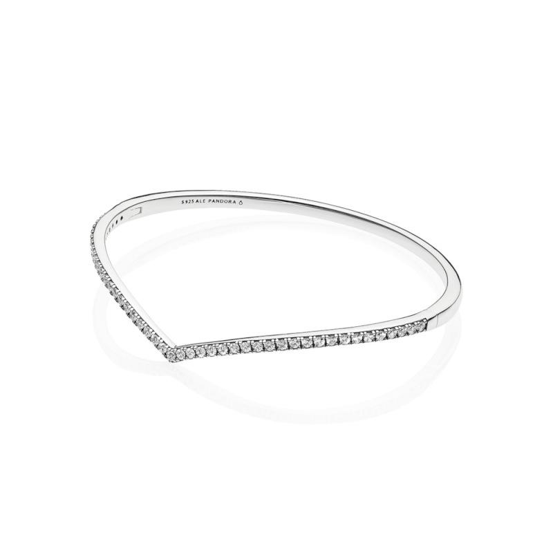 Pandora Wishbone Silver Bangle With Clear Cubic Zirconia