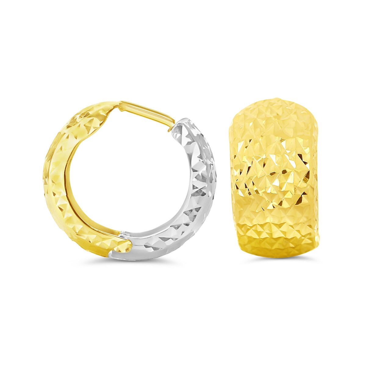 10K Yellow &amp; White Gold Broad Fancy Huggies Earrings